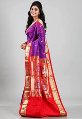 Purple with Red Border Paithani Pure Silk Saree With Blouse Piece - Adi Akshoy & Co.