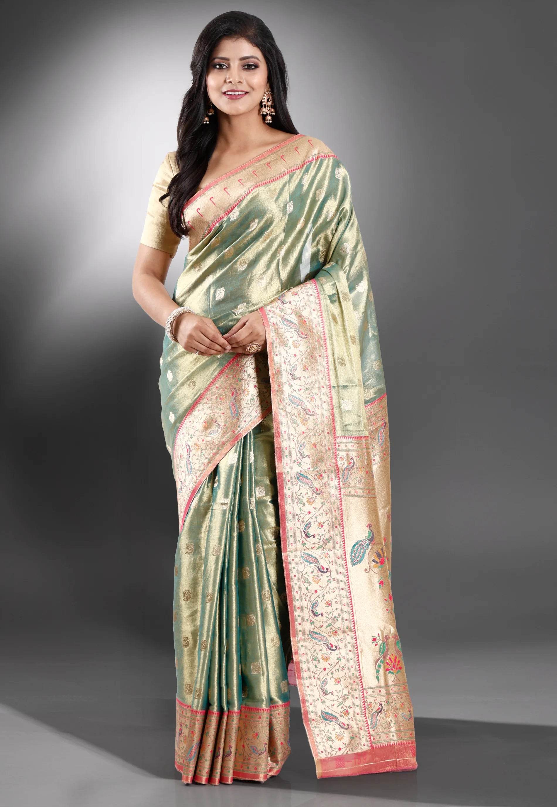 Green Tissue Paithani Silk Saree With Blouse Piece - Adi Akshoy & Co.