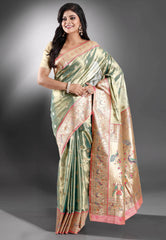 Green Tissue Paithani Silk Saree With Blouse Piece - Adi Akshoy & Co.