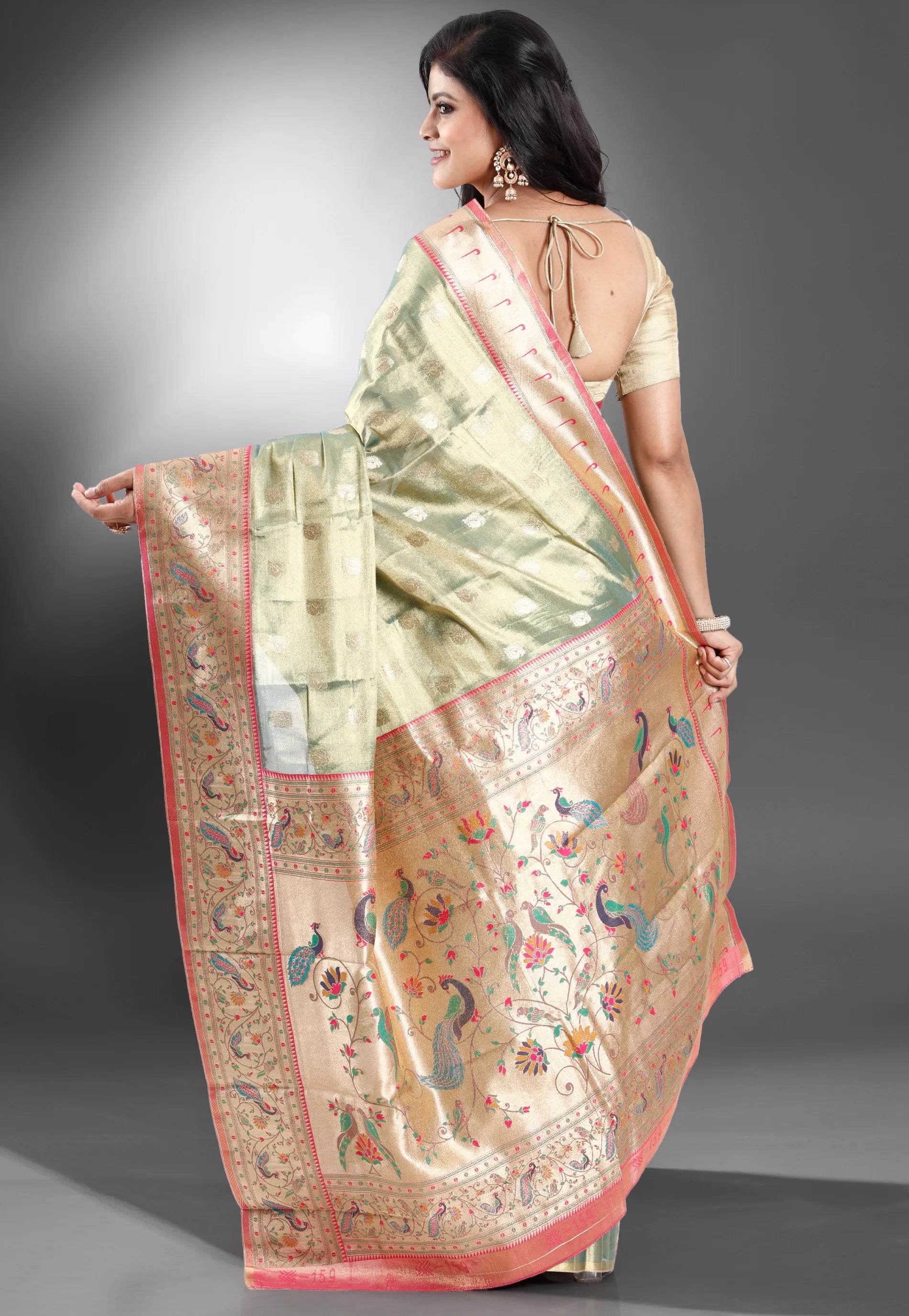 Green Tissue Paithani Silk Saree With Blouse Piece - Adi Akshoy & Co.