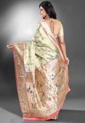 Green Tissue Paithani Silk Saree With Blouse Piece - Adi Akshoy & Co.