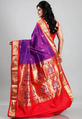 Purple with Red Border Paithani Pure Silk Saree With Blouse Piece - Adi Akshoy & Co.