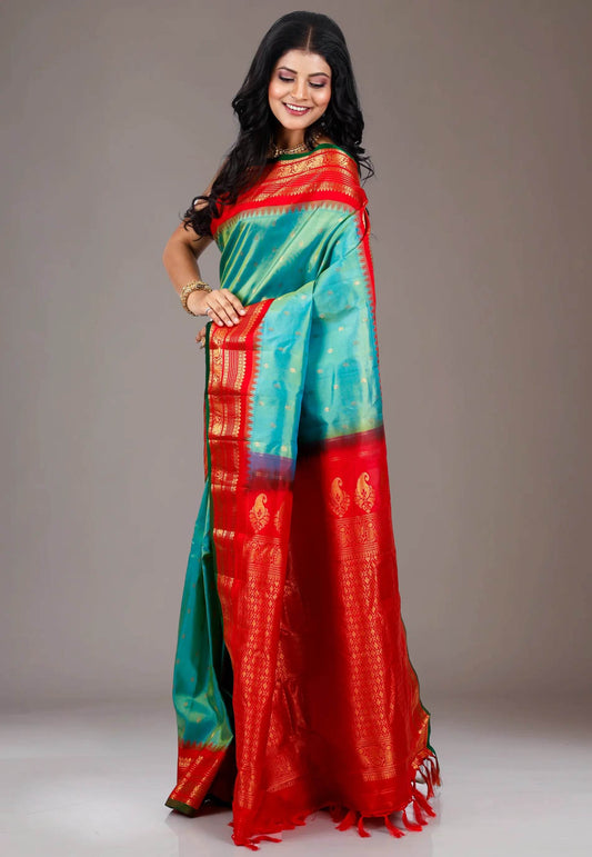 Rama Green with Red Border Gadwal Pure Silk Saree With Blouse Piece - Adi Akshoy & Co.