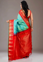 Rama Green with Red Border Gadwal Pure Silk Saree With Blouse Piece - Adi Akshoy & Co.