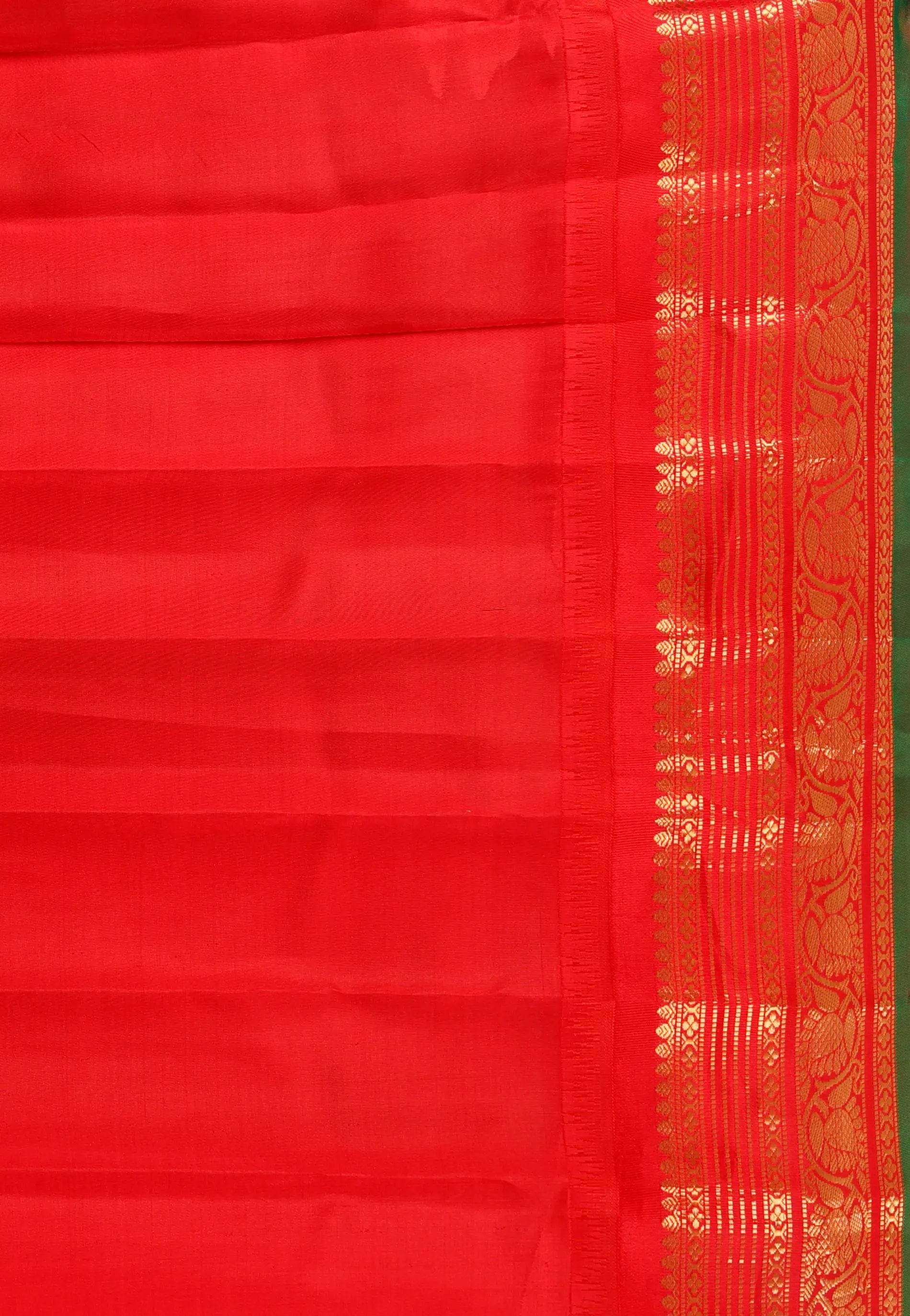 Rama Green with Red Border Gadwal Pure Silk Saree With Blouse Piece - Adi Akshoy & Co.