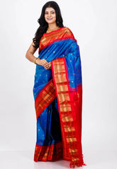 Royal Blue with Red Border Gadwal Pure Silk Saree With Blouse Piece - Adi Akshoy & Co.