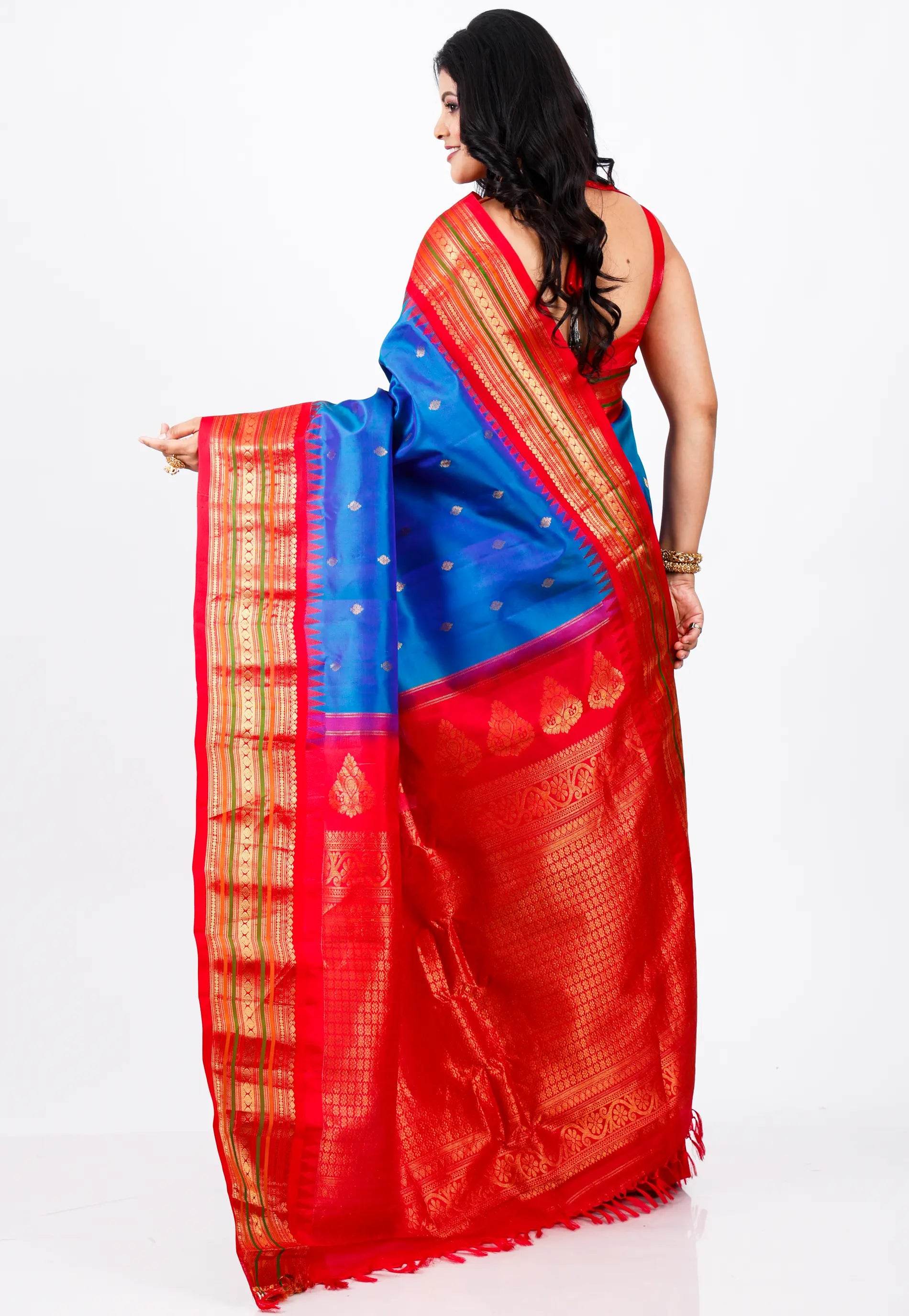 Royal Blue with Red Border Gadwal Pure Silk Saree With Blouse Piece - Adi Akshoy & Co.