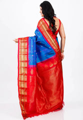 Royal Blue with Red Border Gadwal Pure Silk Saree With Blouse Piece - Adi Akshoy & Co.