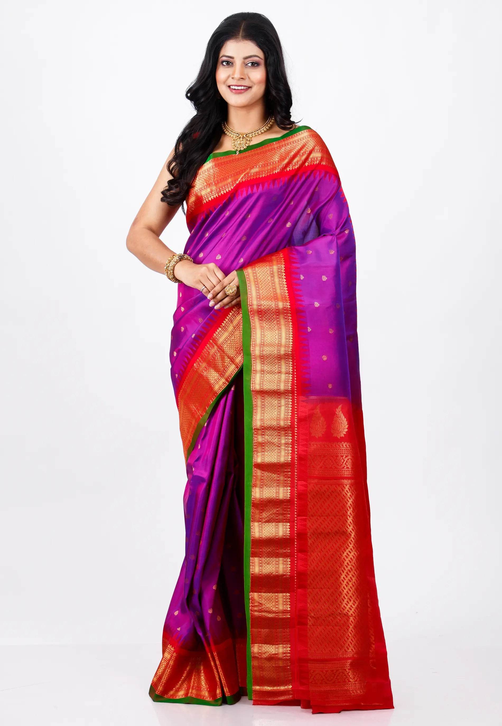 Magenta with Red Border Gadwal Pure Silk Saree With Blouse Piece - Adi Akshoy & Co.