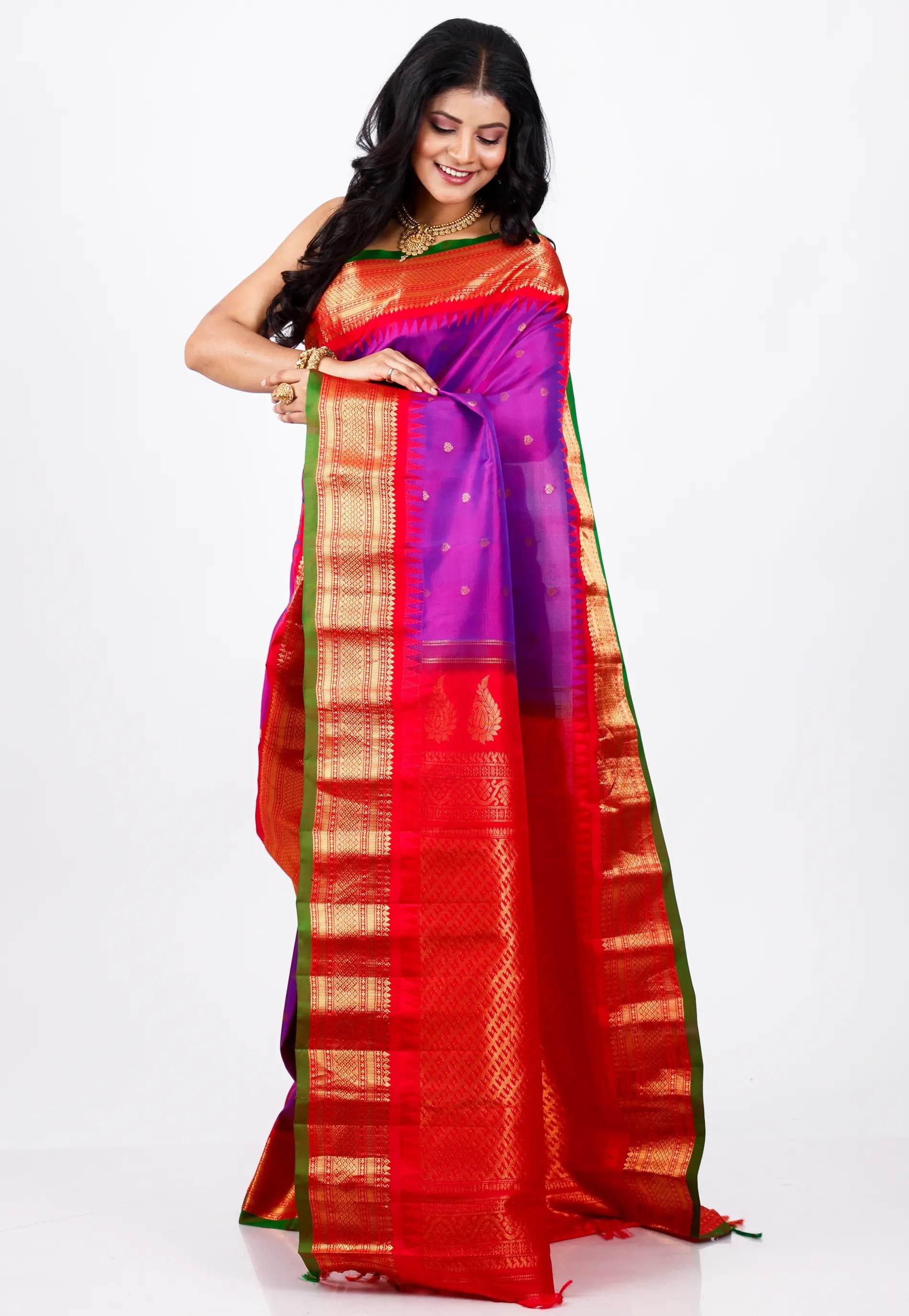 Magenta with Red Border Gadwal Pure Silk Saree With Blouse Piece - Adi Akshoy & Co.