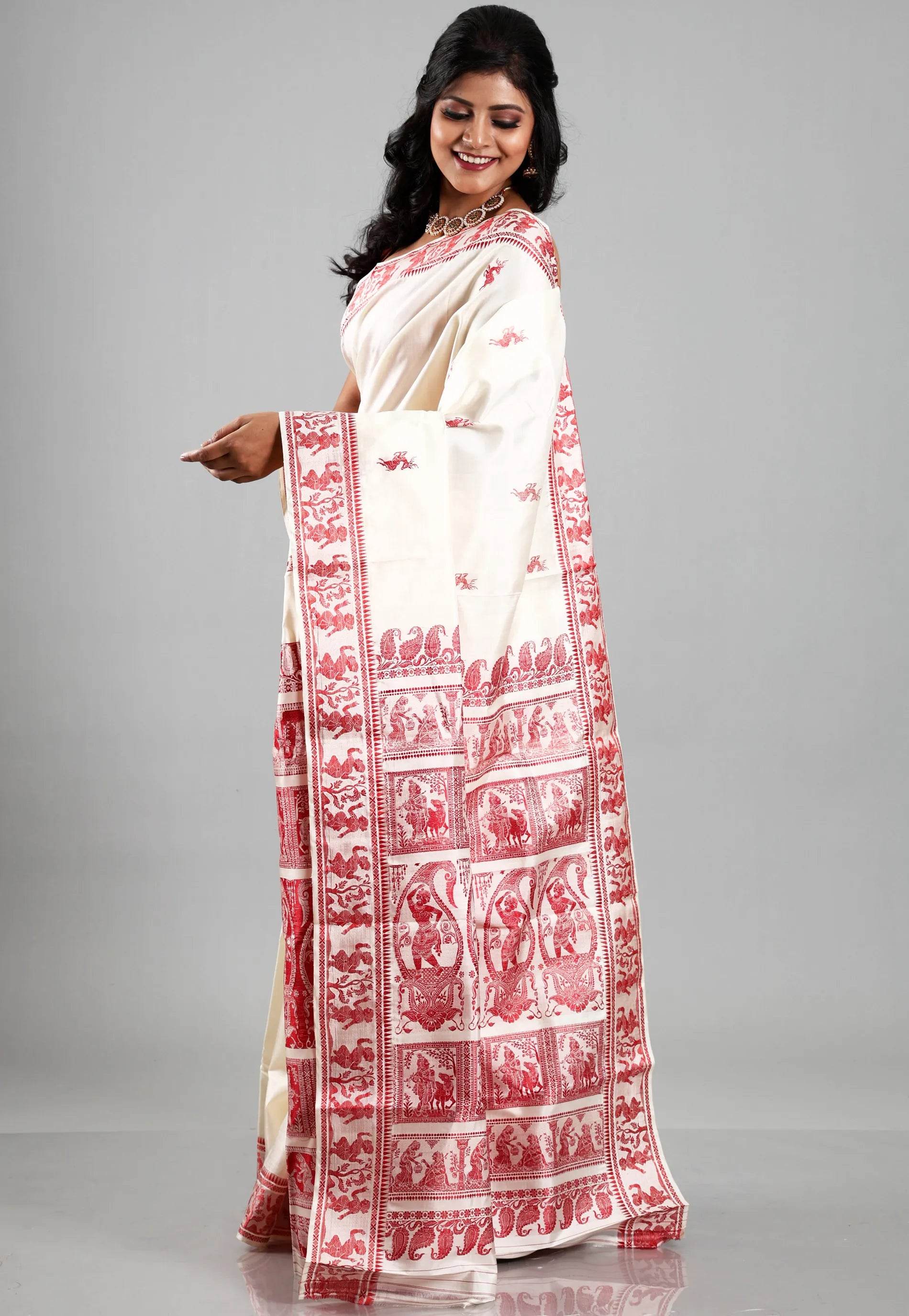 Off White Baluchari Pure Silk Saree with Blouse Piece - Adi Akshoy & Co.