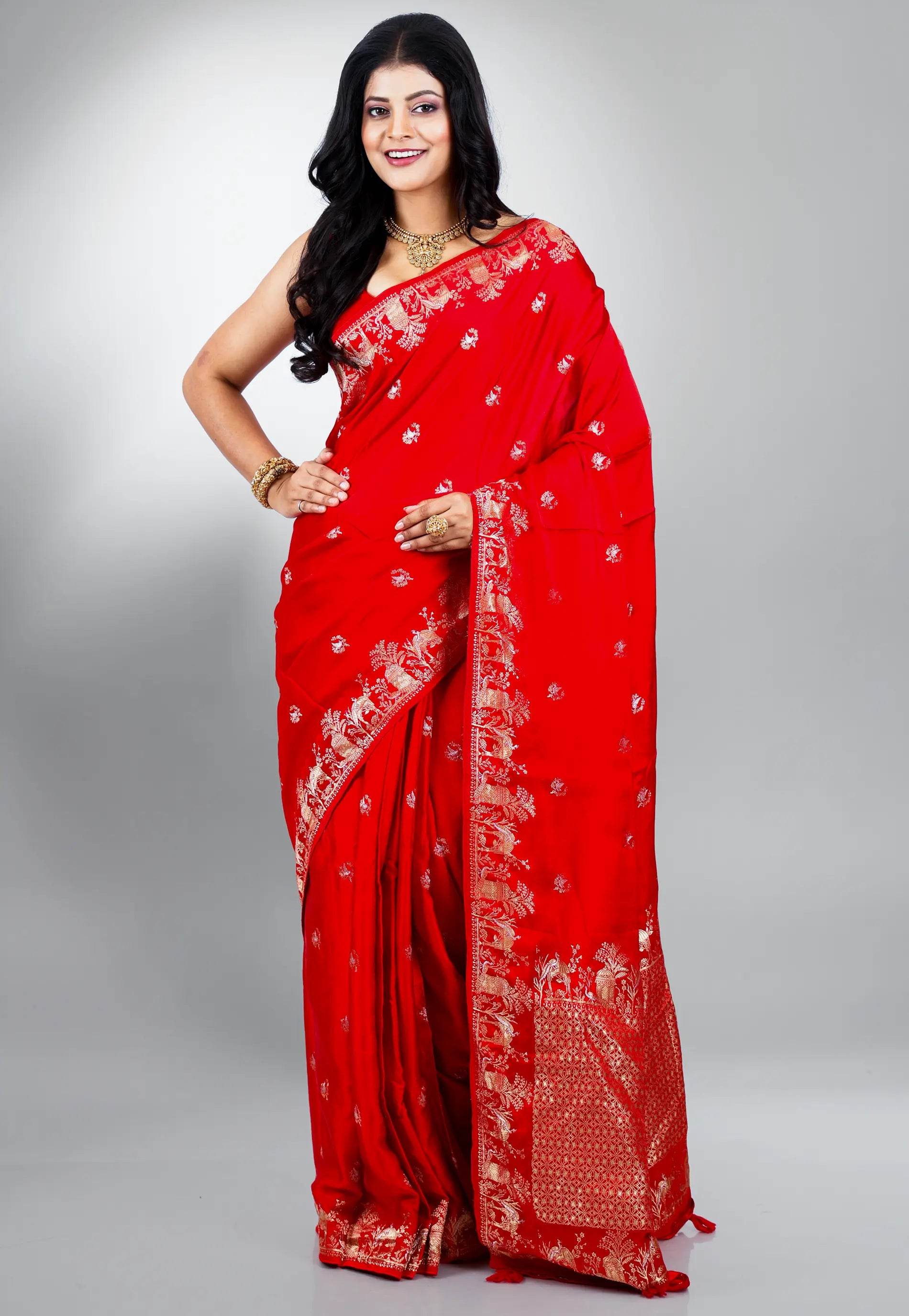 Red Mashru Silk Saree with Blouse Piece - Adi Akshoy & Co.