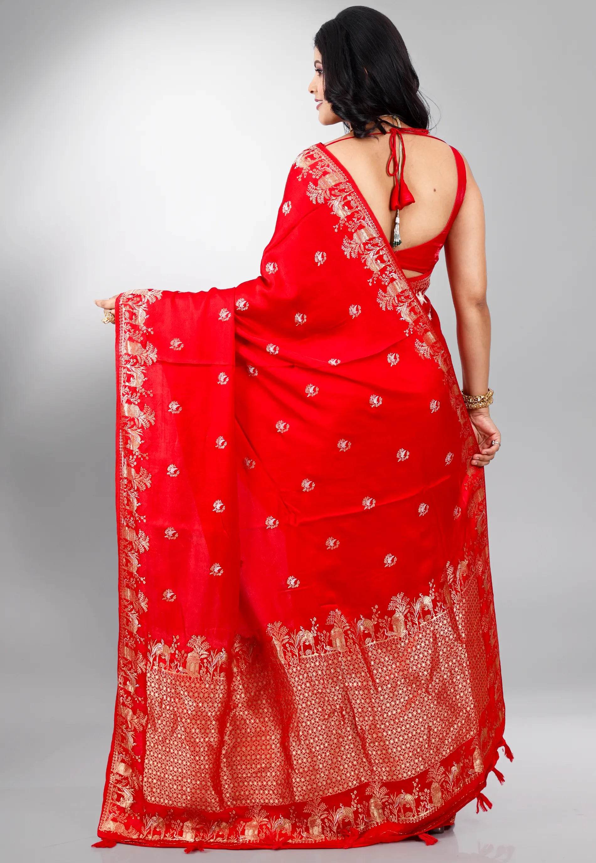 Red Mashru Silk Saree with Blouse Piece - Adi Akshoy & Co.