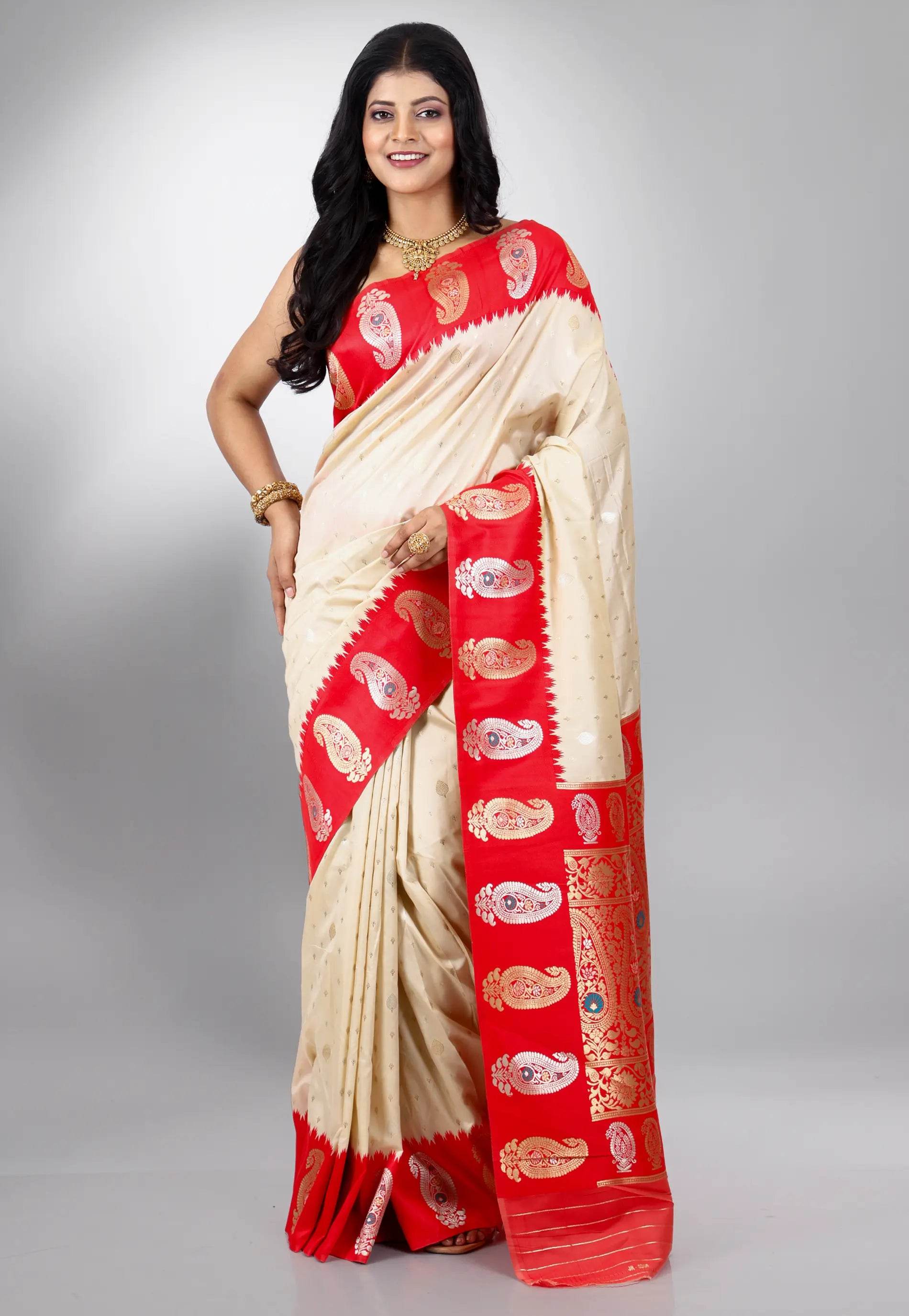 Beige with Red Border Katan Silk Saree With Blouse Piece - Adi Akshoy & Co.