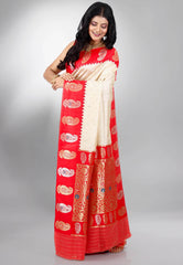 Beige with Red Border Katan Silk Saree With Blouse Piece - Adi Akshoy & Co.