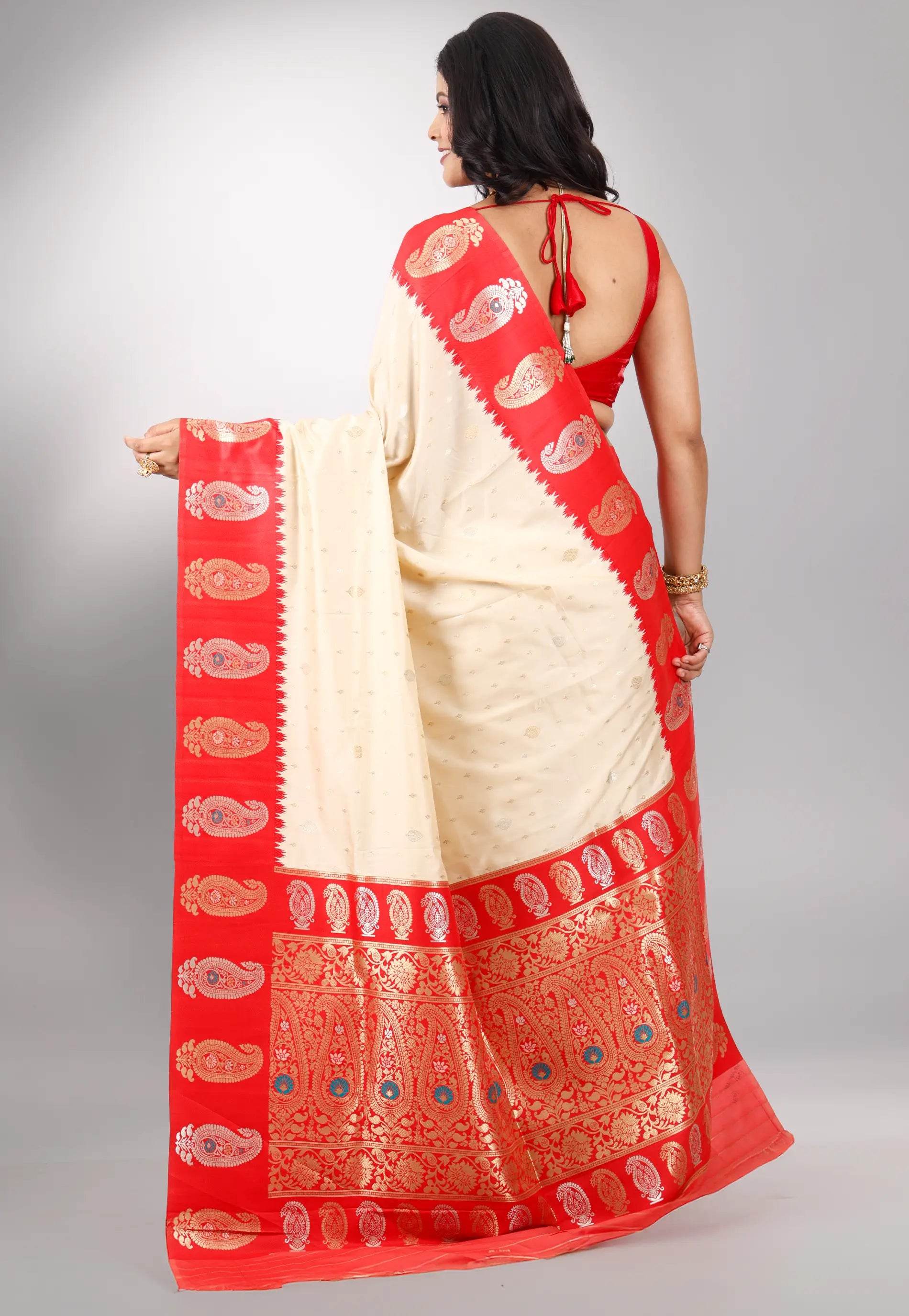 Beige with Red Border Katan Silk Saree With Blouse Piece - Adi Akshoy & Co.