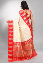 Beige with Red Border Katan Silk Saree With Blouse Piece - Adi Akshoy & Co.