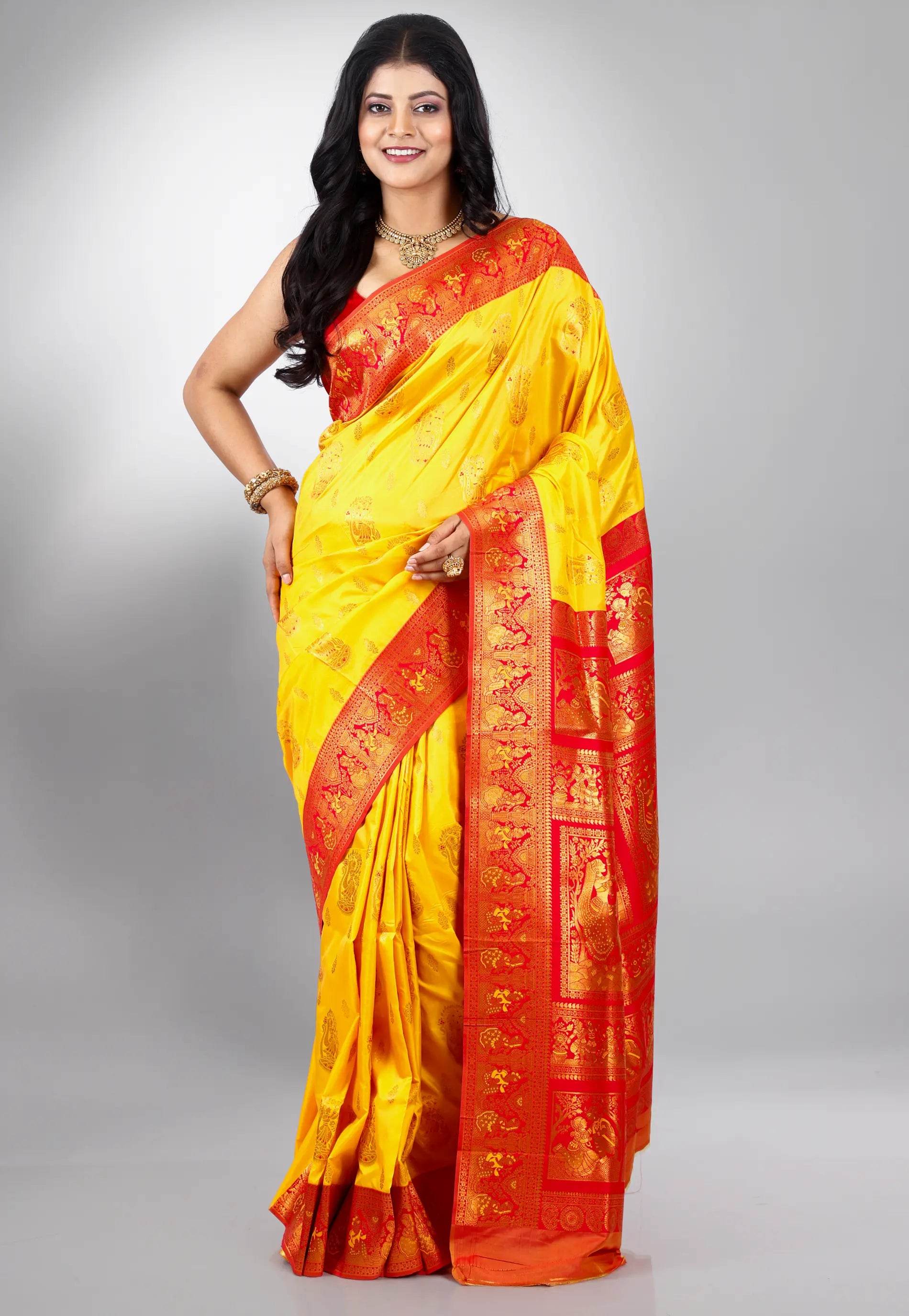 Yellow with Red Border Baluchari Silk Saree with Blouse Piece - Adi Akshoy & Co.