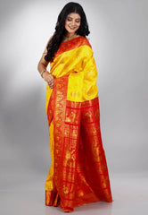Yellow with Red Border Baluchari Silk Saree with Blouse Piece - Adi Akshoy & Co.