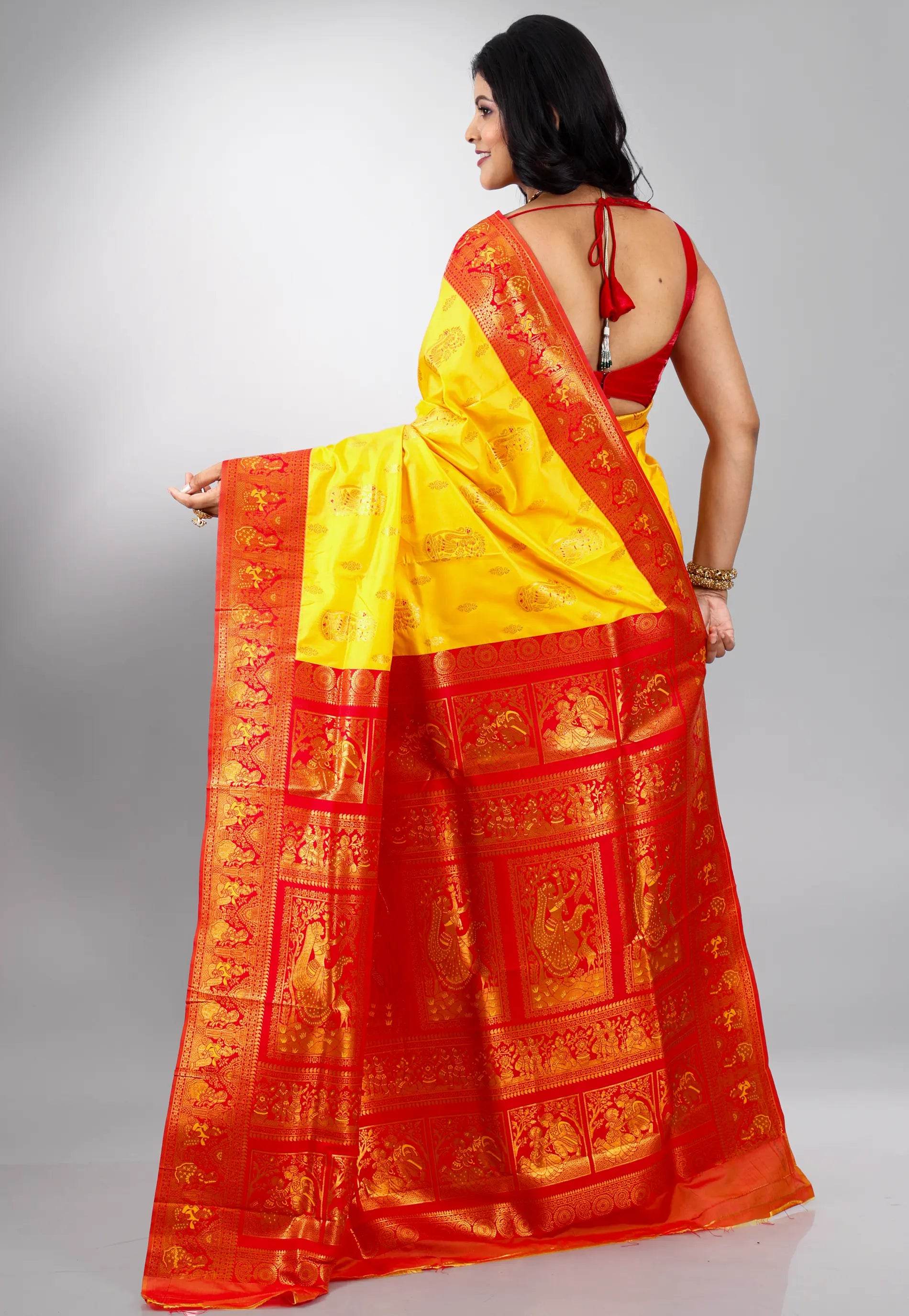 Yellow with Red Border Baluchari Silk Saree with Blouse Piece - Adi Akshoy & Co.