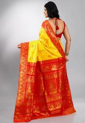 Yellow with Red Border Baluchari Silk Saree with Blouse Piece - Adi Akshoy & Co.
