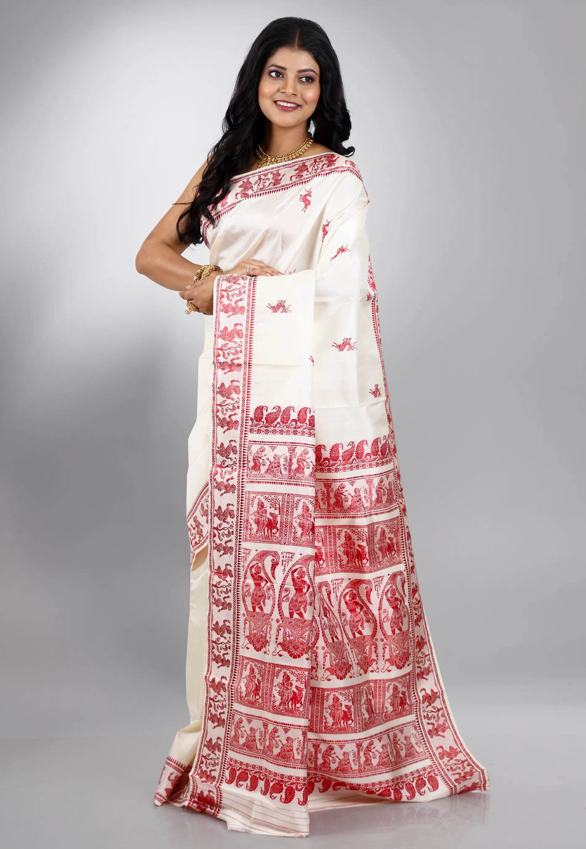 Off White Baluchari Pure Silk Saree with Blouse Piece - Adi Akshoy & Co.