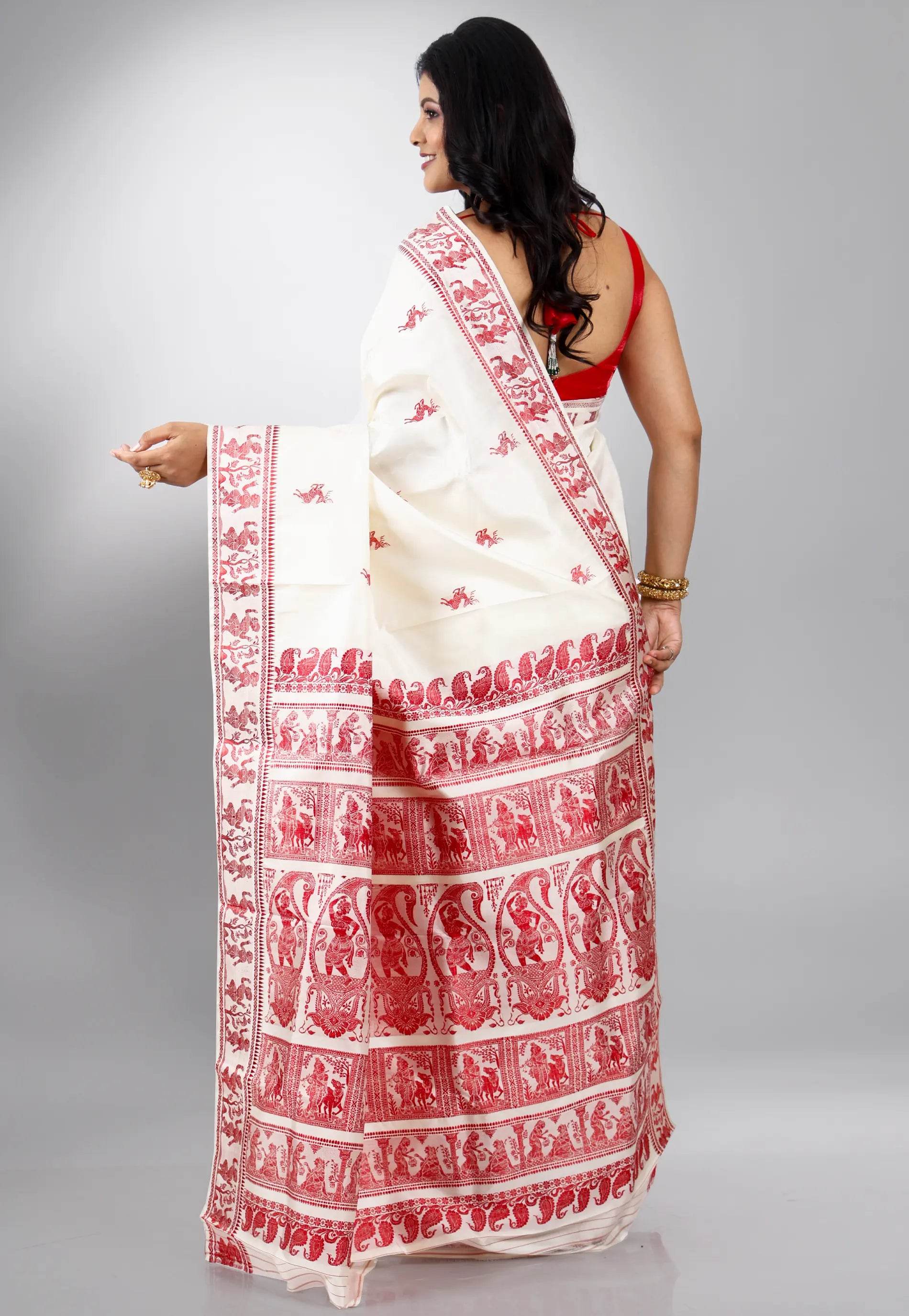 Off White Baluchari Pure Silk Saree with Blouse Piece - Adi Akshoy & Co.