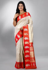 Beige with Red Border Tissue Kanjivaram Saree with Blouse Piece - Adi Akshoy & Co.