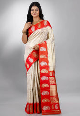 Beige with Red Border Tissue Kanjivaram Saree with Blouse Piece - Adi Akshoy & Co.