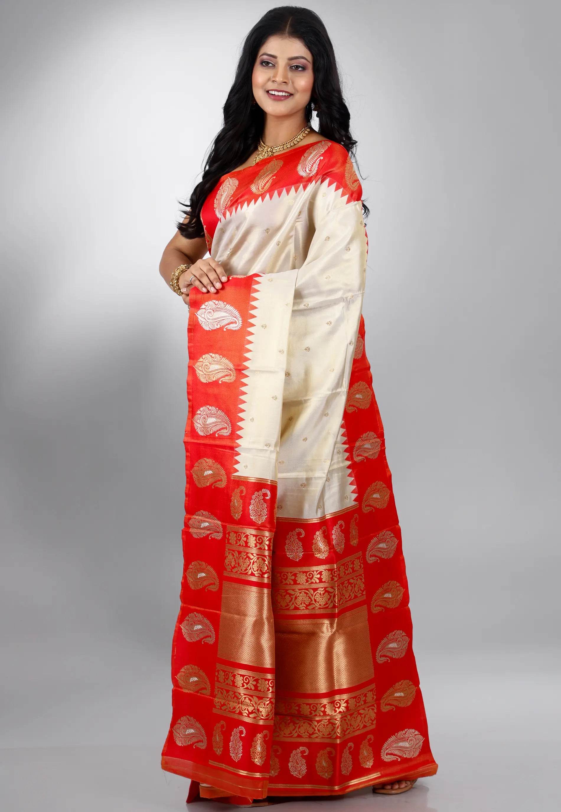 Beige with Red Border Tissue Kanjivaram Saree with Blouse Piece - Adi Akshoy & Co.