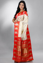 Beige with Red Border Tissue Kanjivaram Saree with Blouse Piece - Adi Akshoy & Co.