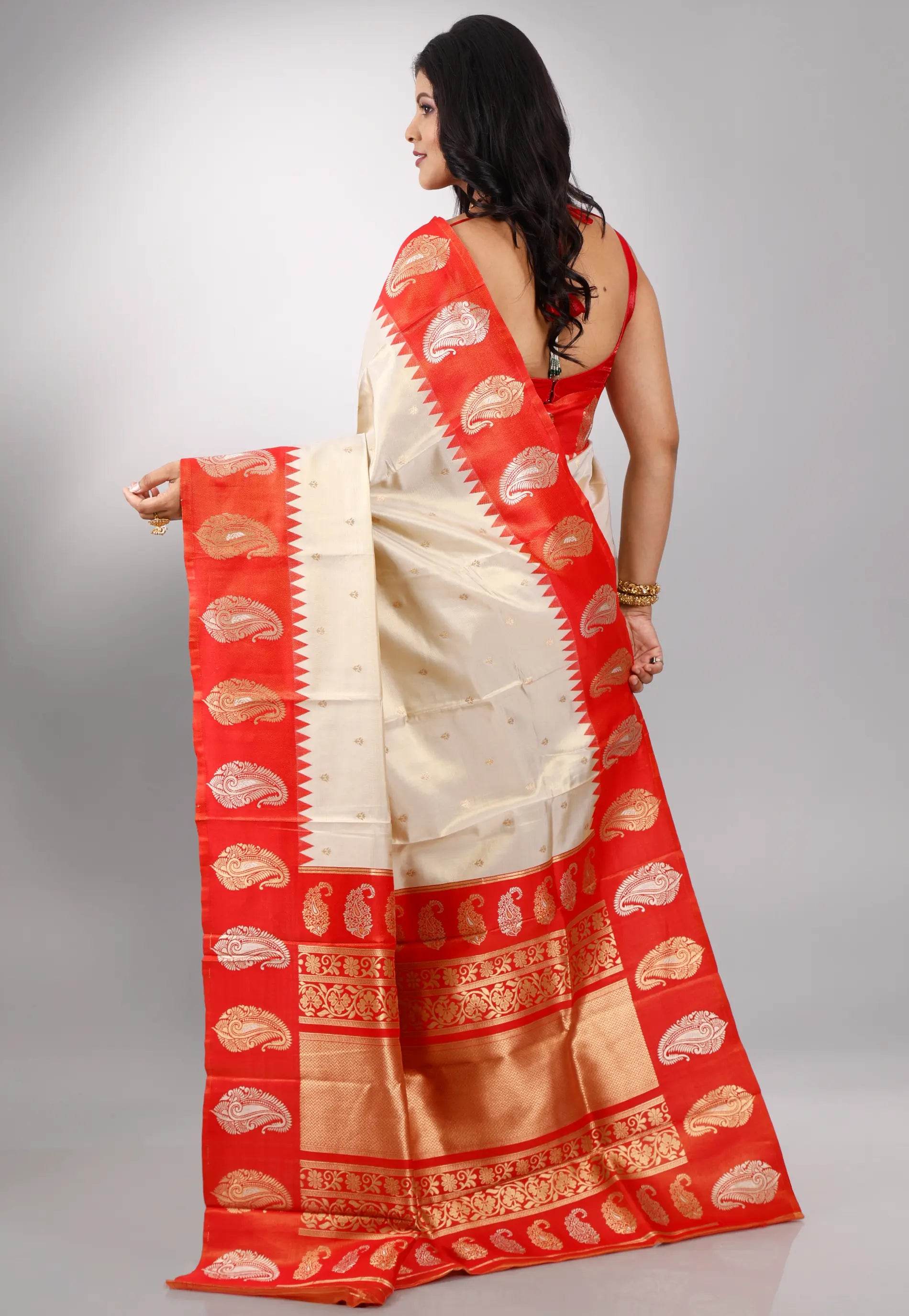 Beige with Red Border Tissue Kanjivaram Saree with Blouse Piece - Adi Akshoy & Co.