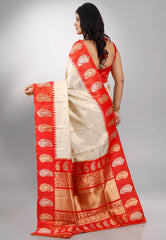 Beige with Red Border Tissue Kanjivaram Saree with Blouse Piece - Adi Akshoy & Co.