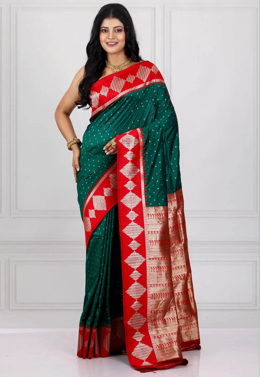 Bottle Green with Red Border Kanjivaram Silk Saree With Blouse Piece - Adi Akshoy & Co.