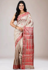 Light Grey Baluchari Pure Silk Saree with Blouse Piece - Adi Akshoy & Co.