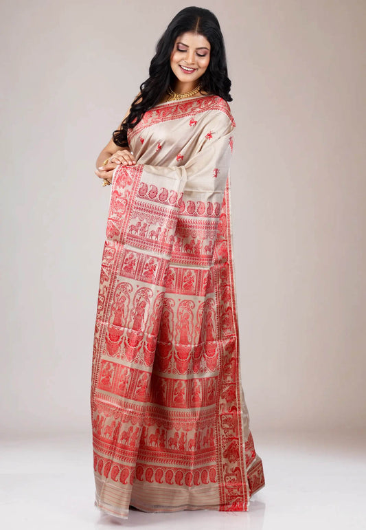 Light Grey Baluchari Pure Silk Saree with Blouse Piece - Adi Akshoy & Co.