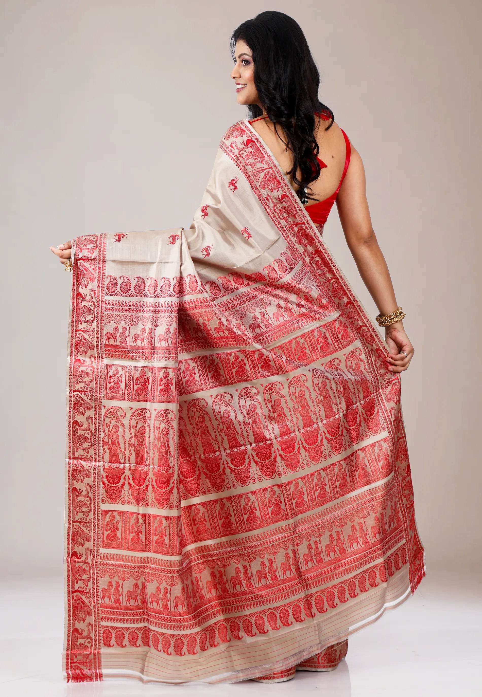 Light Grey Baluchari Pure Silk Saree with Blouse Piece - Adi Akshoy & Co.