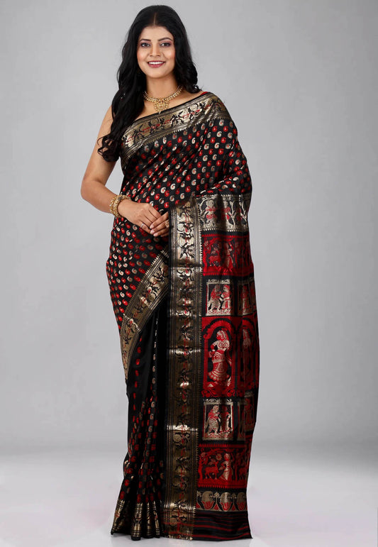 Black Baluchari Pure Silk Saree with Blouse Piece - Adi Akshoy & Co.