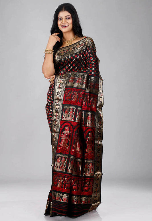 Black Baluchari Pure Silk Saree with Blouse Piece - Adi Akshoy & Co.