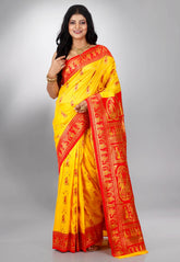 Yellow with Red Border Baluchari Silk Saree with Blouse Piece - Adi Akshoy & Co.