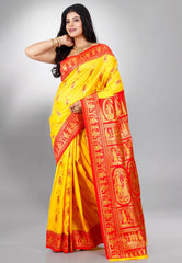 Yellow with Red Border Baluchari Silk Saree with Blouse Piece - Adi Akshoy & Co.