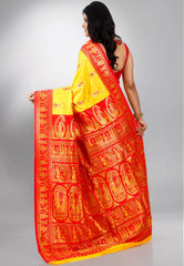 Yellow with Red Border Baluchari Silk Saree with Blouse Piece - Adi Akshoy & Co.