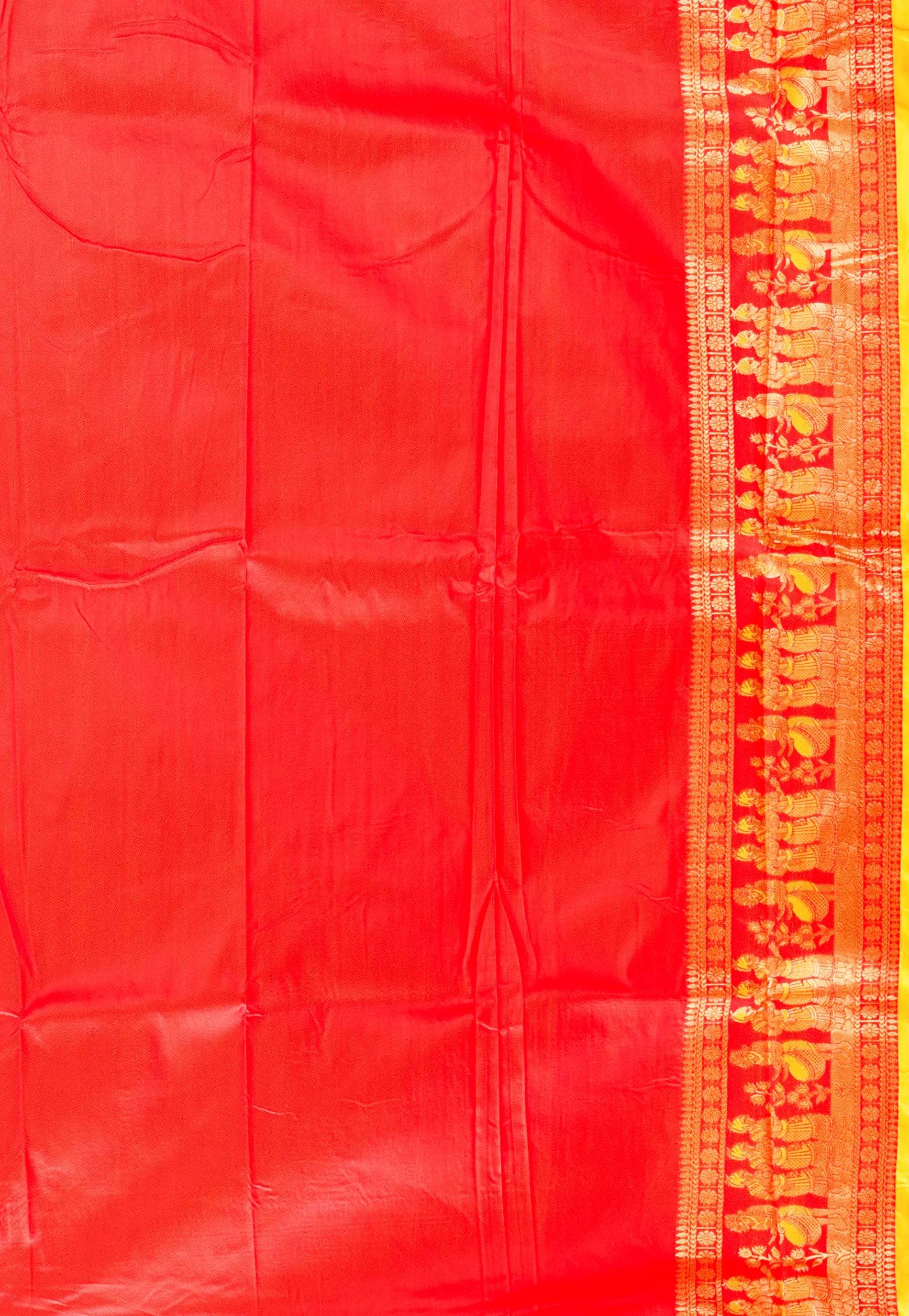 Yellow with Red Border Baluchari Silk Saree with Blouse Piece - Adi Akshoy & Co.