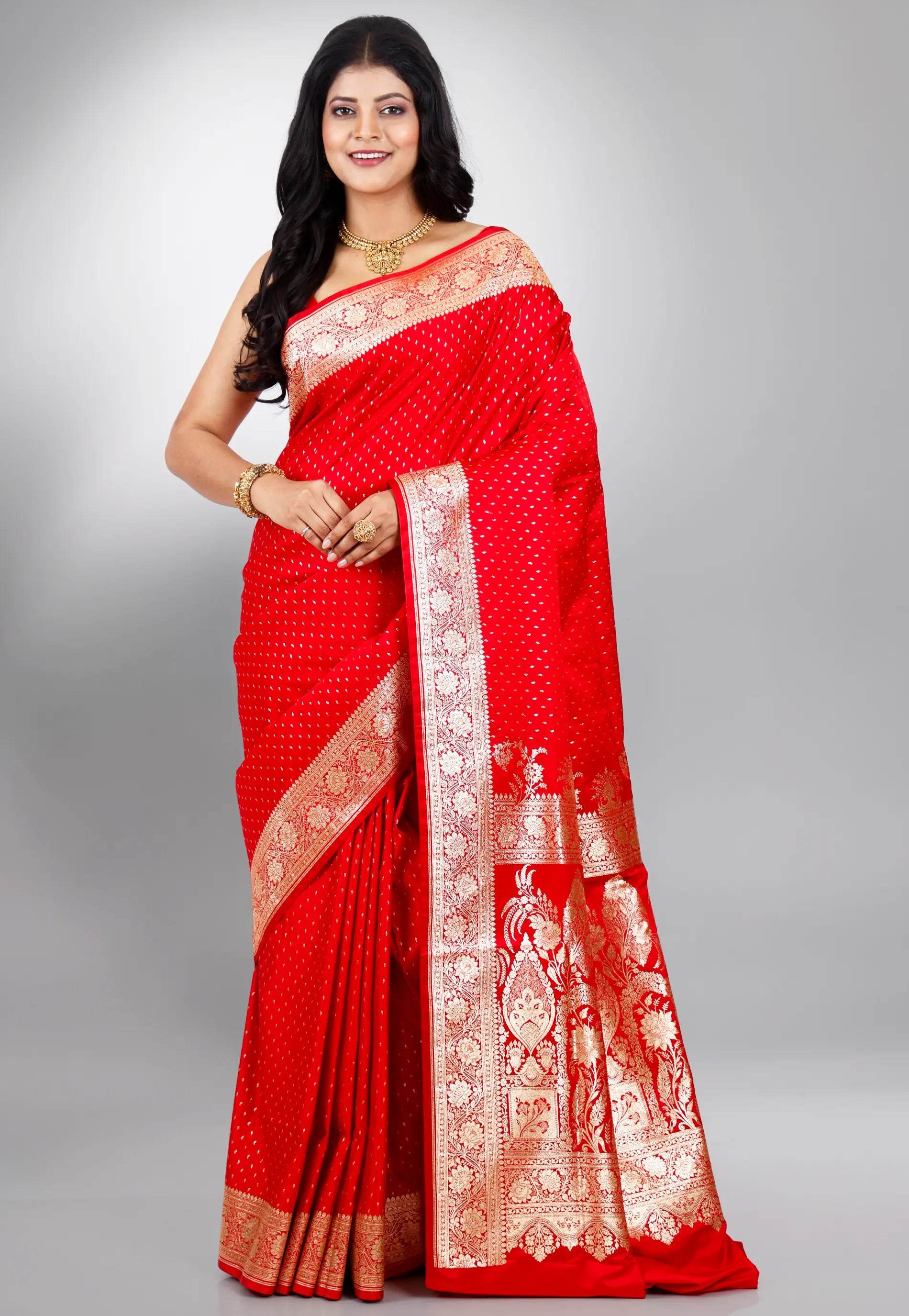 Red Wedding Banarasi Silk Saree with Blouse Piece - Adi Akshoy & Co.