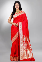 Red Wedding Banarasi Silk Saree with Blouse Piece - Adi Akshoy & Co.