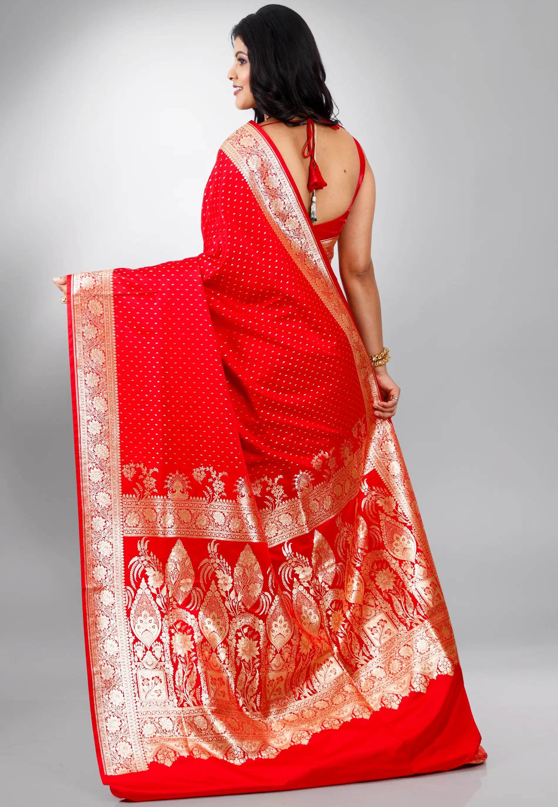 Red Wedding Banarasi Silk Saree with Blouse Piece - Adi Akshoy & Co.