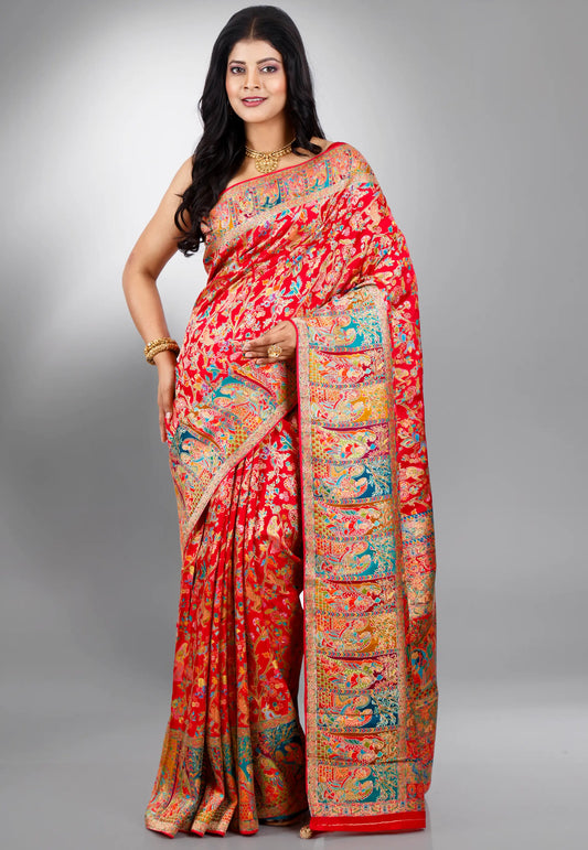 Red Kani Silk Saree With Blouse Piece