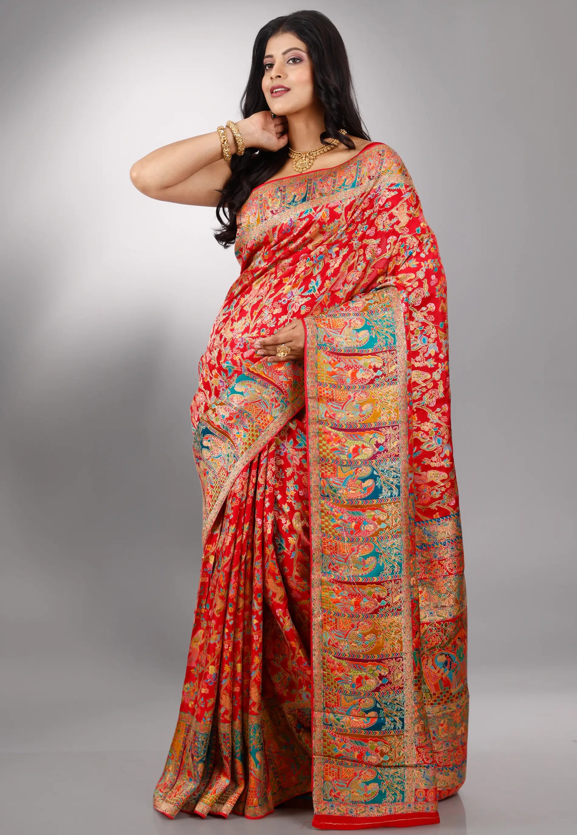 Red Kani Silk Saree With Blouse Piece