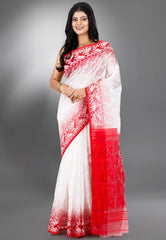 White with Red Border Dhakai Jamdani Cotton Saree without Blouse Piece