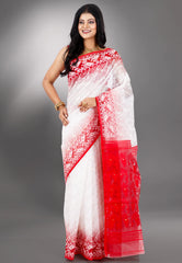 White with Red Border Dhakai Jamdani Cotton Saree without Blouse Piece